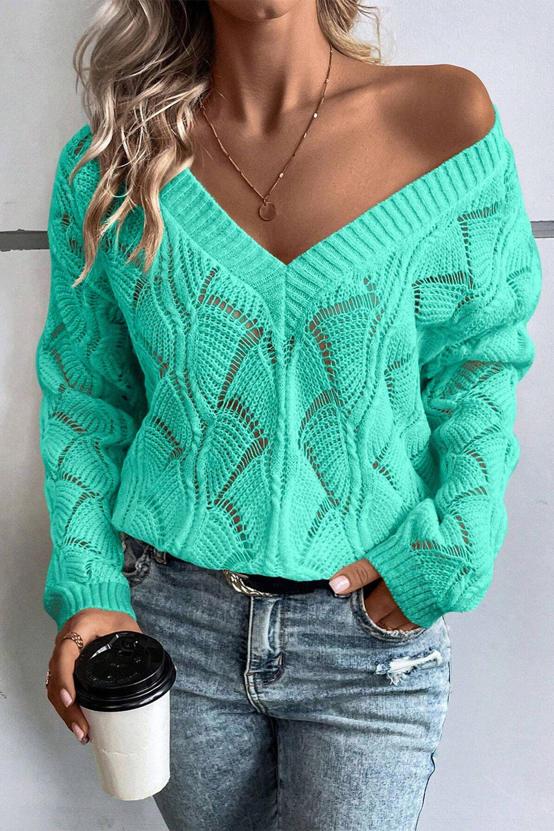 Mint Green Hollow Out Knit V Neck Drop Shoulder Sweater