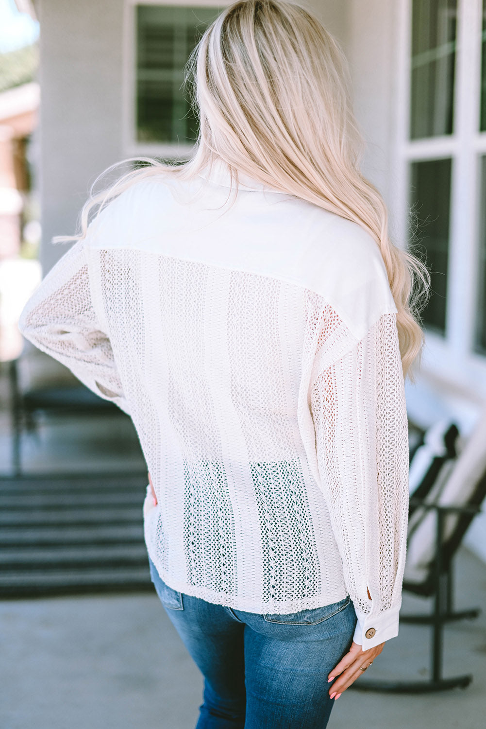 Beige Lace See-through Button Collared Shacket