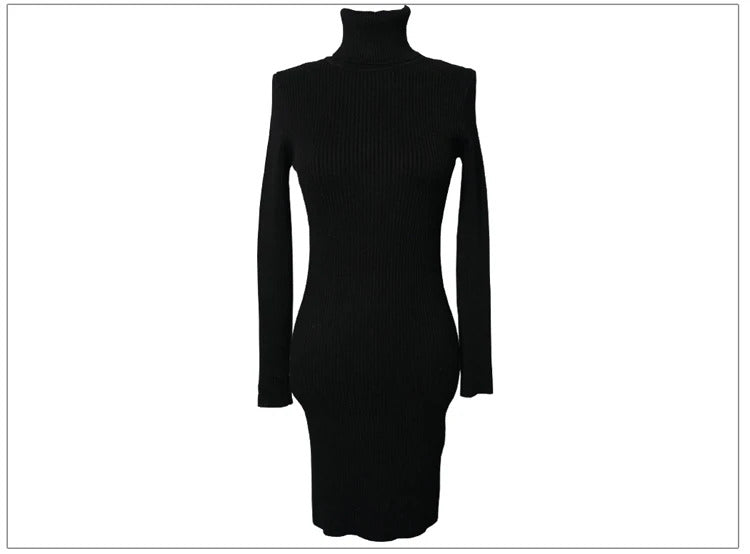 Women Autumn Winter Turtleneck Warm Bodycon Dress Long Sleeve Knit Solid Office Pullover Sexy Mini Dress for Ladies 2023