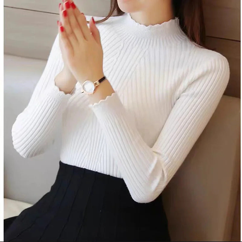 EVNISI Autumn Women Mock Neck Ruffles Sweater Long Sleeve Knitted Bottoming Solid Pullovers Stripe Women Casual Sweater Winter