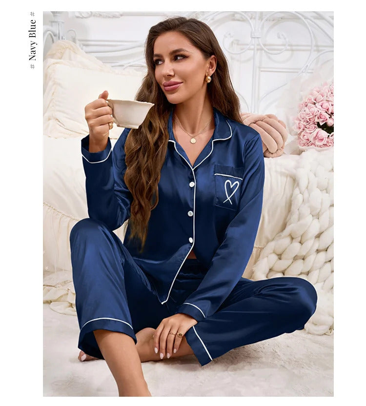 Autumn Satin Pajama for Women Heart-shaped Embroidery Sleepwear & Loungewear Long Sleeve Top & Pants Home Clothes Pyjama 2 Piece