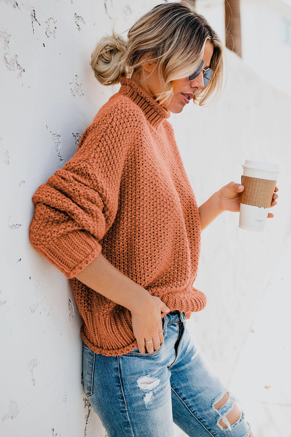 Orange Oversized Chunky Batwing Long Sleeve Turtleneck Sweater