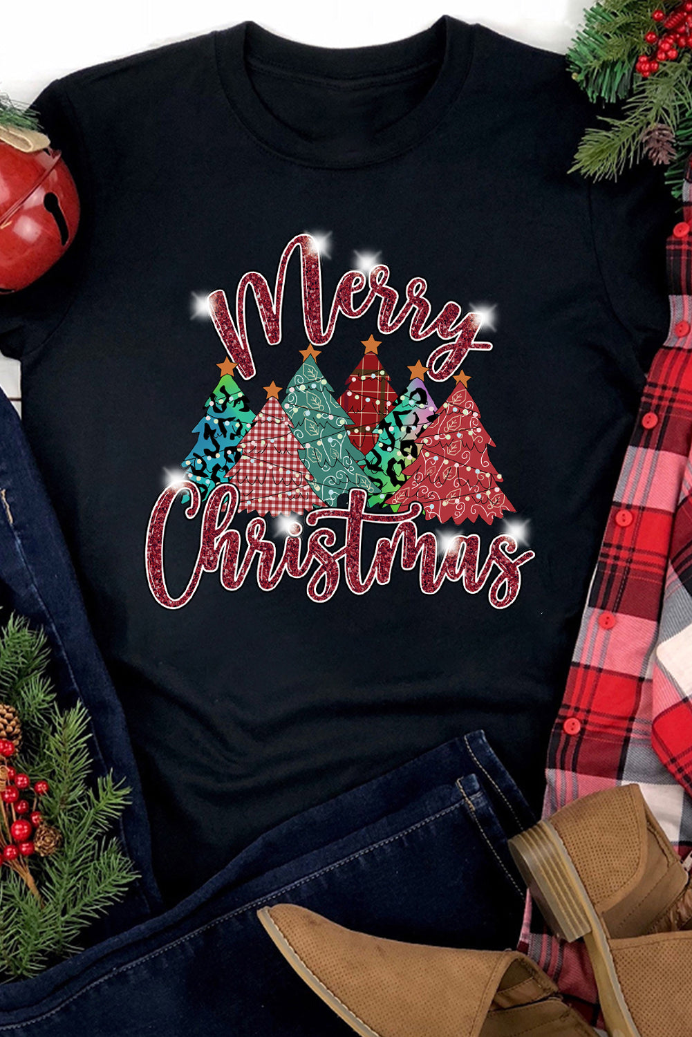 Black Merry Christmas Tree Pattern Graphic Tee