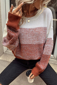 Orange Color Block Drop Shoulder Ribbed Trim Sweater