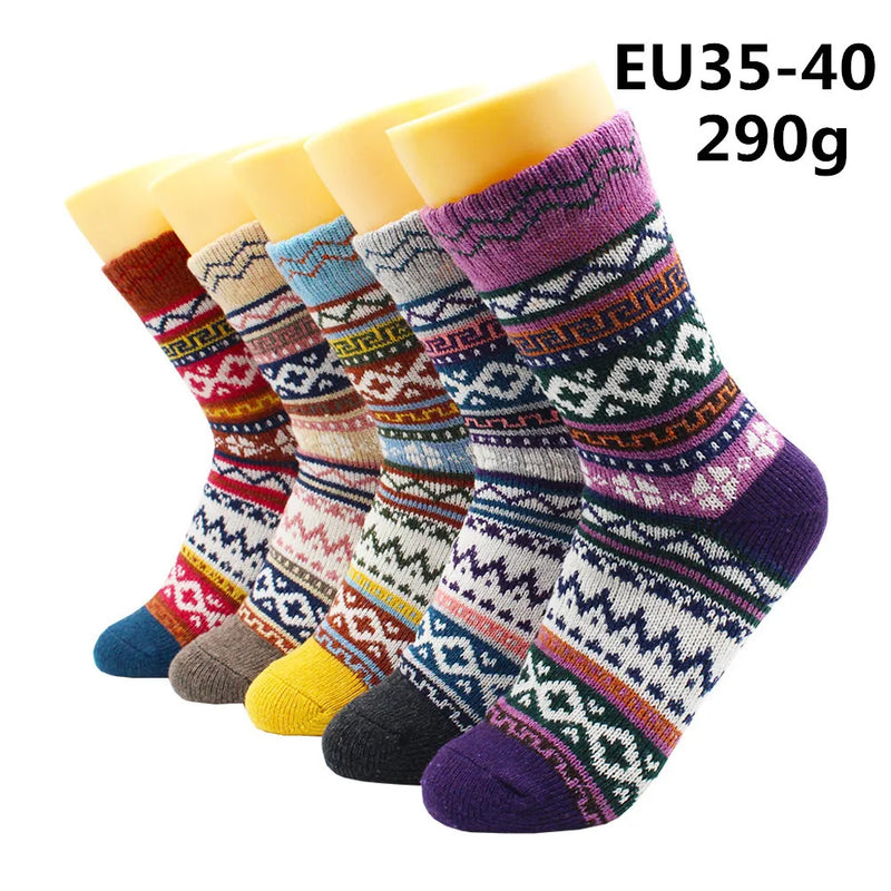 5 Pairs Winter Warmer Women Thicken Thermal Wool Cashmere Snow Socks Fashion Casual Euramerican National Wool Socks for Women