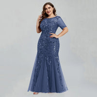 Women Plus Size Sequin Mesh Embroidery Mermaid  Evening Dress Formal Short Sleeve Elegant Party Prom Gowns 2020 New Long Dress