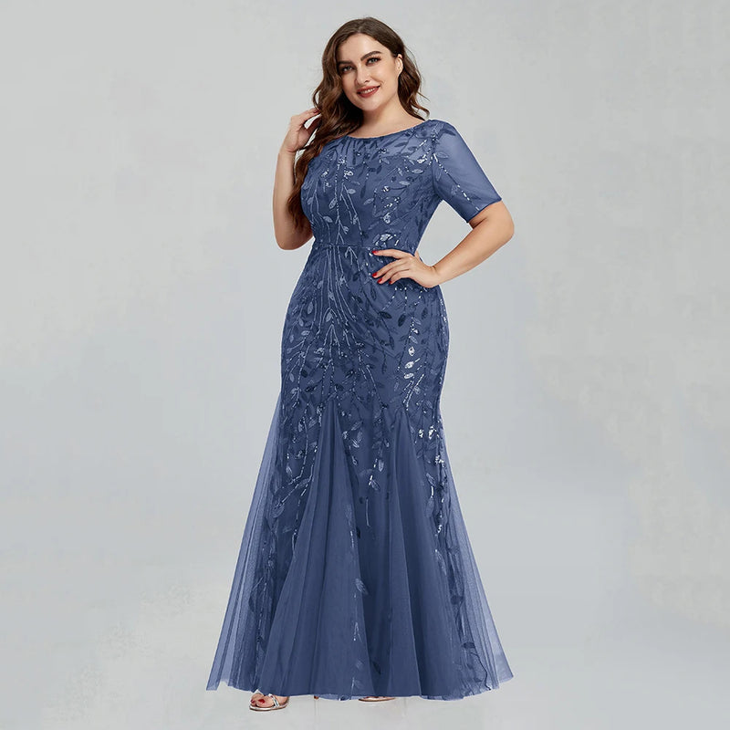 Women Plus Size Sequin Mesh Embroidery Mermaid  Evening Dress Formal Short Sleeve Elegant Party Prom Gowns 2020 New Long Dress