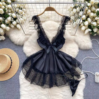 Hot Sexy V-Neck Cross Strap Dress Lace Patchwork Irregular Pleated Nightwear Women's Erotic Lingerie Backless Sleeveless Pajamas