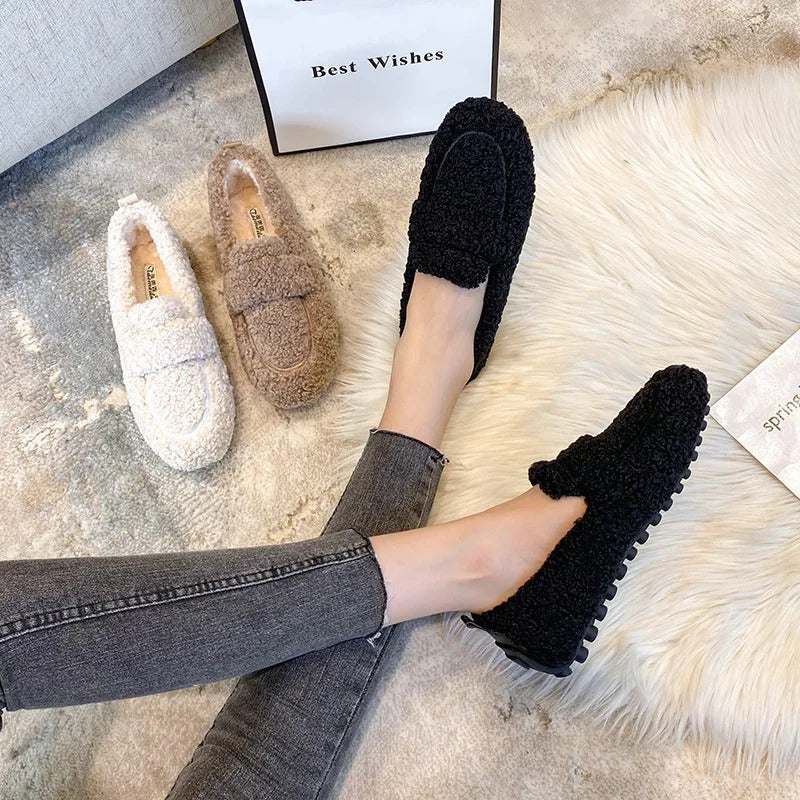 Luxury Sheep Fur Lined Loafers Women Lambswool Shoes Ladies Winter Slip On Furry Flats Cotton Wool Mocasine Femme Barefoot Boots