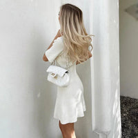 Elegant White Knitted Mini Dress Women Sexy Slim Fit Ribbed Knit Dress Metal Button Short Sleeve Holiday Party Mini Dress