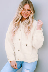 Beige Flap Button Pocket Sherpa Jacket