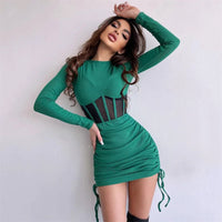 Shirring Mesh Hollow Out Bodycon Dress Women O Neck Long Sleeve Mini Vestidos Ribbed Hot Sexy Dresses Fashion High Street Wear