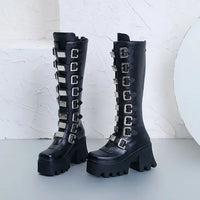 Punk Women Boots Cosplay Ladies High Heel Platform Wedges Women High Boots Gothic Buckle Strap Long Tube Leather Female Boots