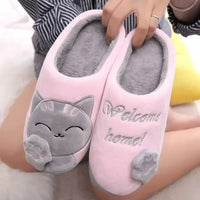 Women Winter Warm Slippers Cartoon Cat Shoes Furry Plush Slides Round Toe Flats Indoor Home Bedroom Floor Slippers Ladies Shoes