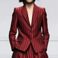 Beautyblue Blazer Set Women Notched Collar Outerwear Striped Trousers New Vintage Loose Wide Leg Long Sleeves Suit Costume Femme