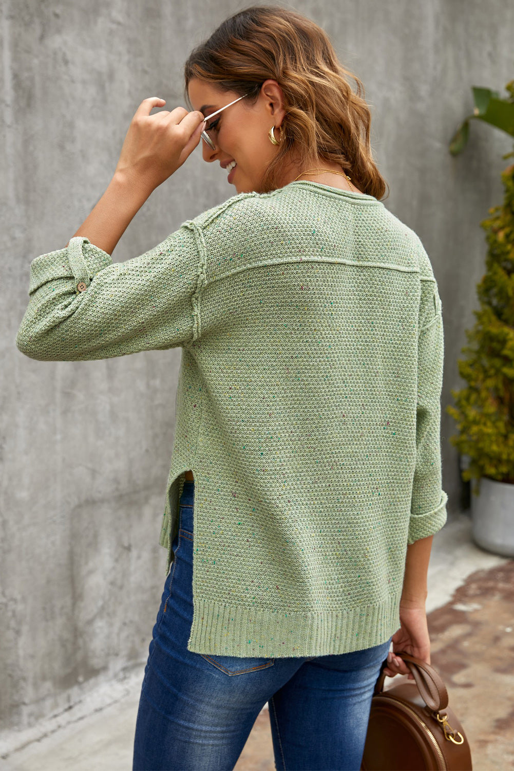 Green Buttoned Drop Shoulder Knitted Sweater