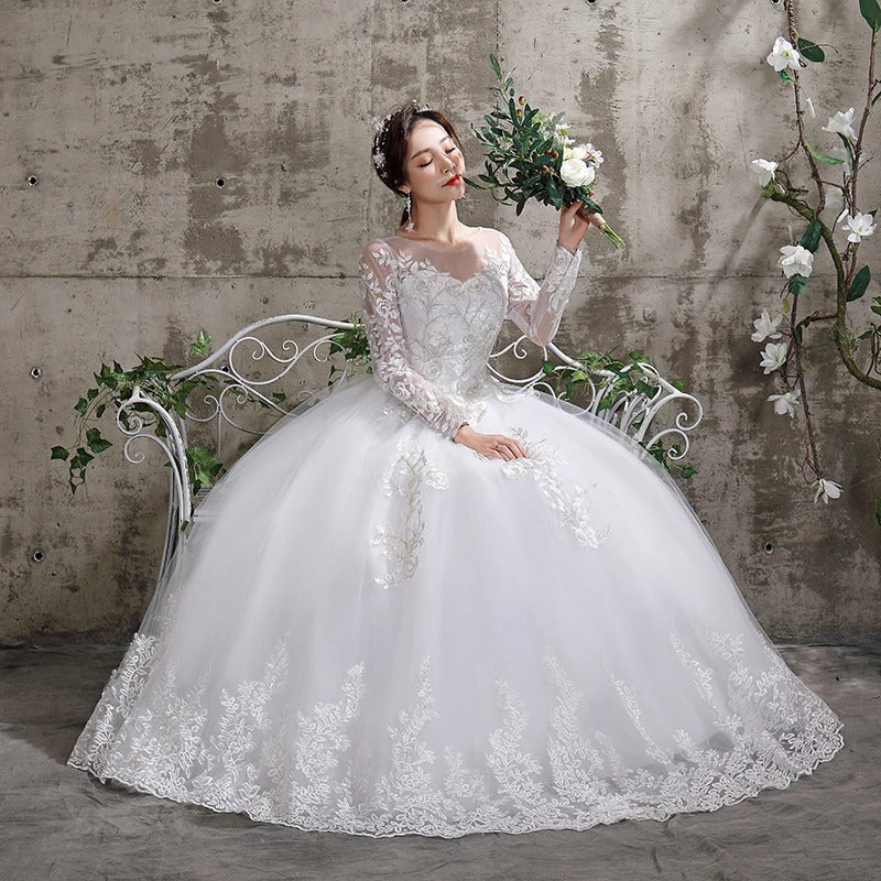 Customized Wedding Dress Style Bride Plus Size Flower Wedding Dresses Dreamy Full-sleeve Bridal Lace Up Dresses Ball Gowns