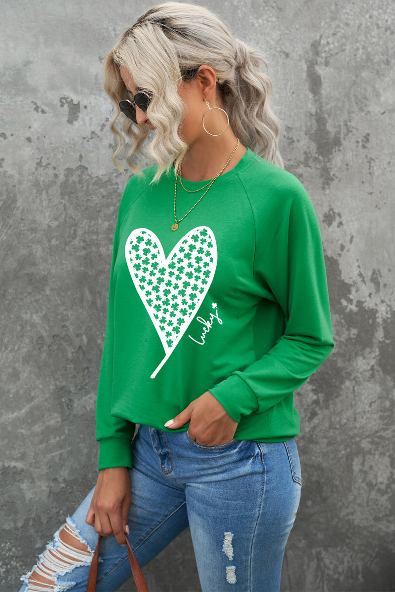 Green Lucky Clover Heart Graphic Raglan Sleeve Sweatshirt