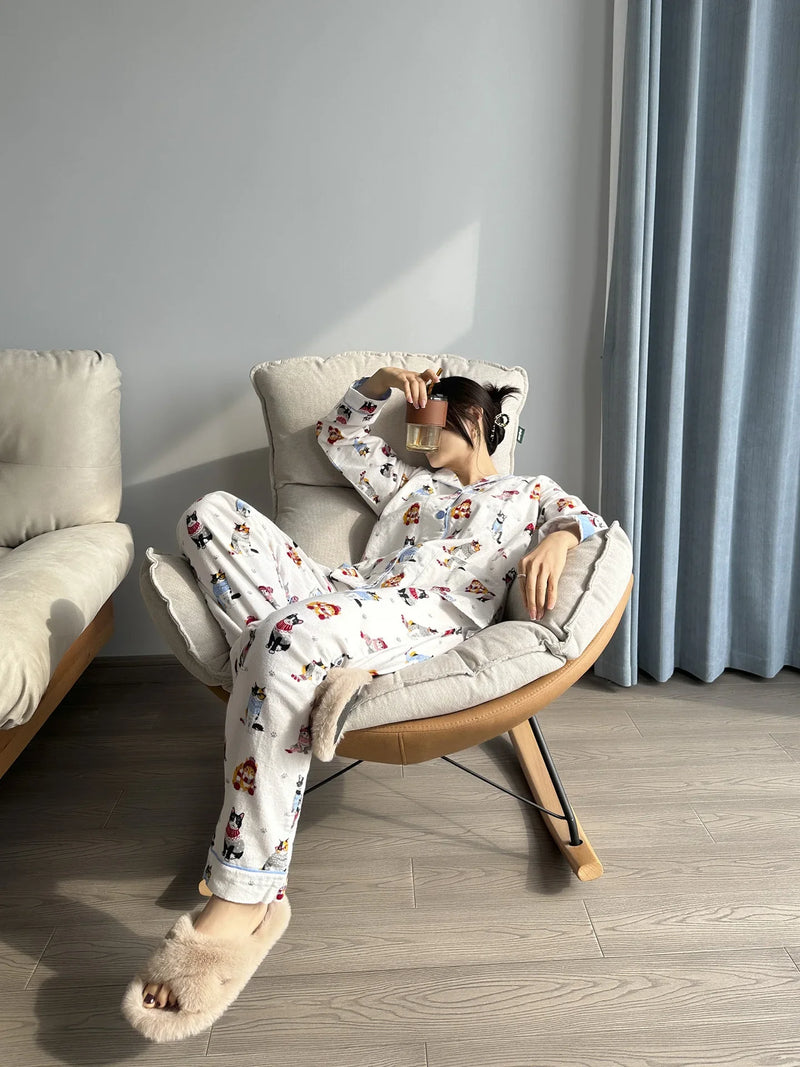 100% Cotton Pajamas for Women Loose Cartoon Long Sleeve Pants Loungewear Women 2 Piece Set Pj Women Outfit Sleepwear Set Pijamas