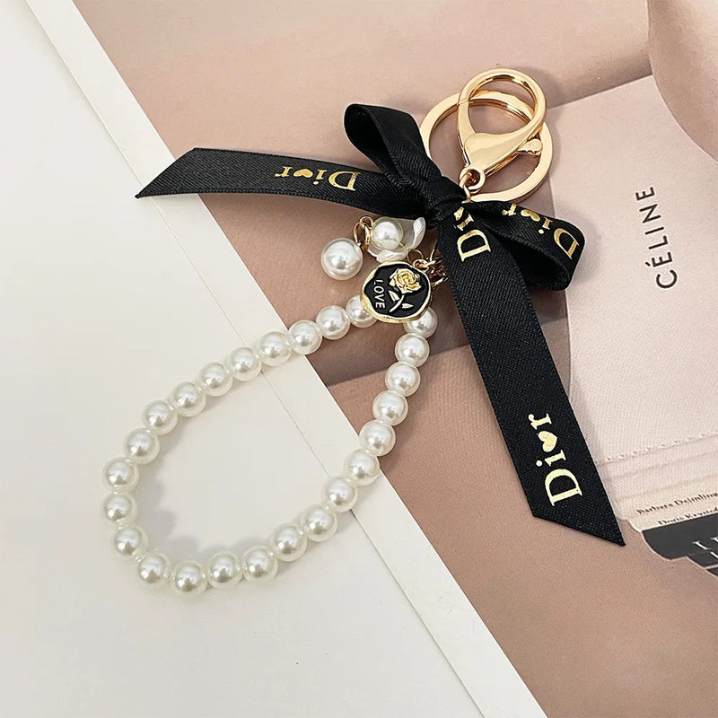 Imitation Pearl Keychain Sweet Letters Ribbon Bowknot Keyring Accessories Metal Buckle Women Bag Charms Best Gifts Jewelry