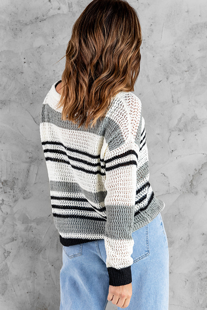 Gray Loose Fit Striped Pattern Sweater