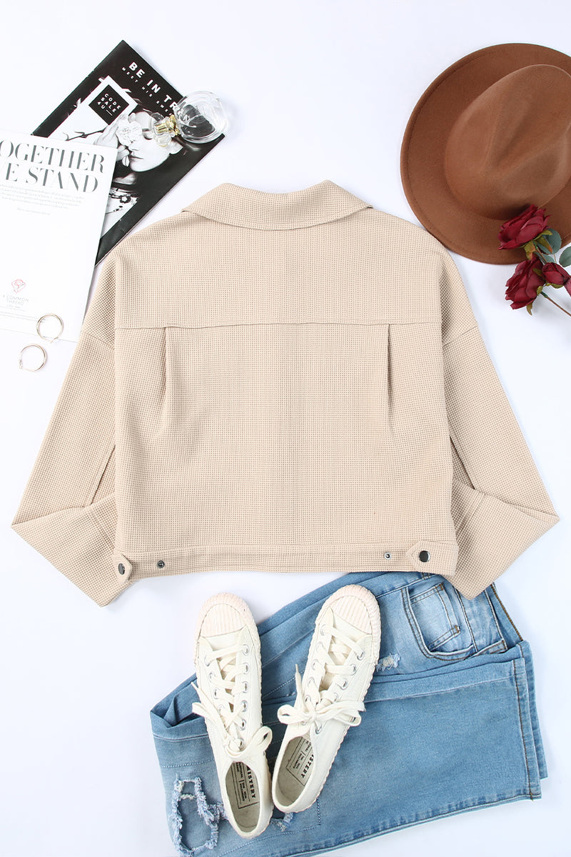 Khaki Waffle Knit Buttons Cropped Jacket with Pockets