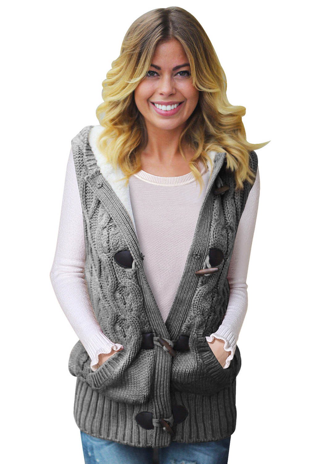 Gray Cable Knit Hooded Sweater Vest