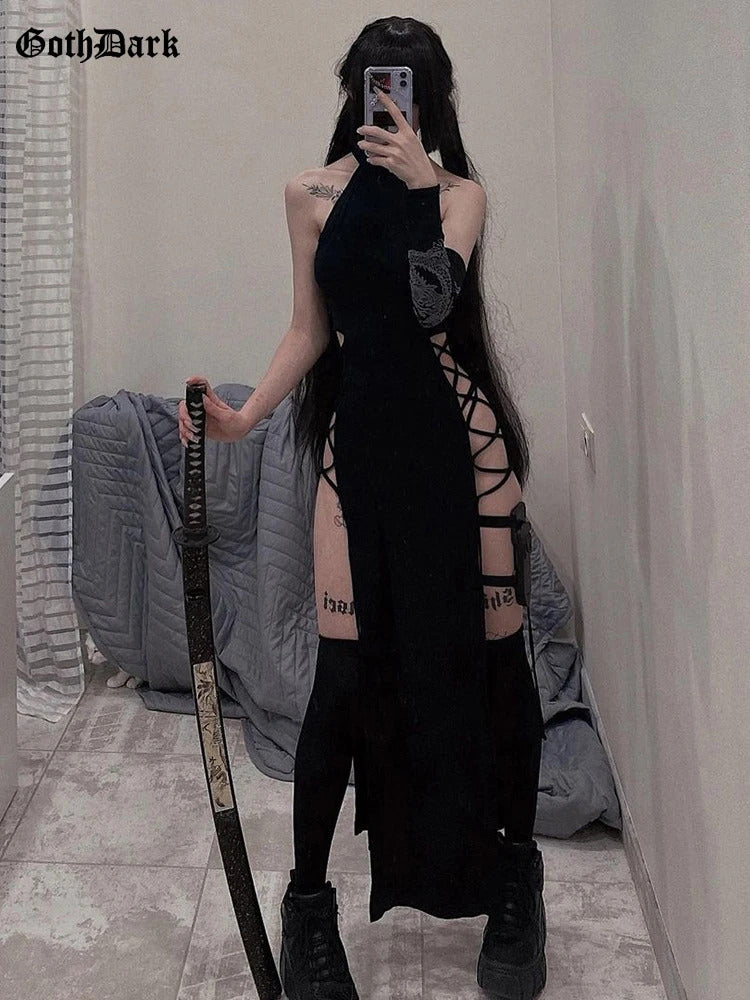 Goth Dark Cosplay High Split Sexy Bandage Women Dresses Y2K Mall Gothic Halter Slim Midi Dress Black Grunge Style Alt Partywear