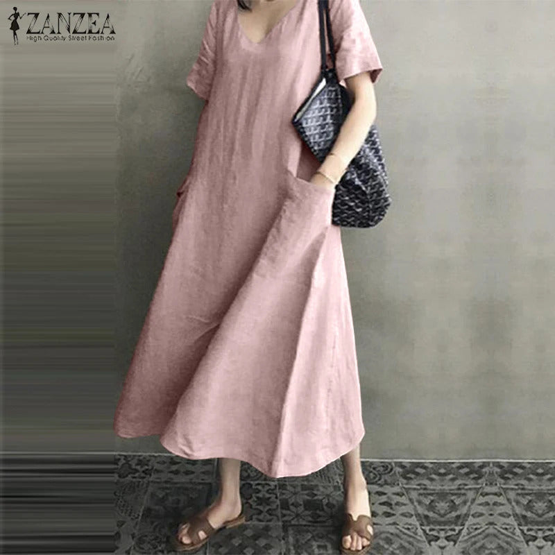 ZANZEA 2023 Women Long Maxi Summer Dress Casual Cotton Linen  Ladies Big Pockets Beach Party Robe Femme Vestidos