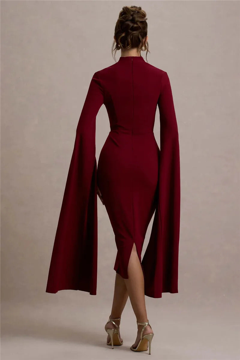 Mozision Cape Long Sleeve Sexy Midi Dress For Women Autumn Winter New Square Collar Back Slit Bodycon Club Party Long Dress