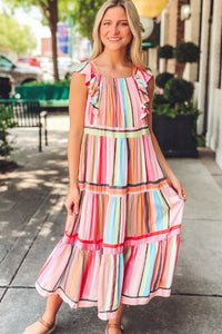 Women's Rainbow Stripe Ruffles Ruched Tiered Dress