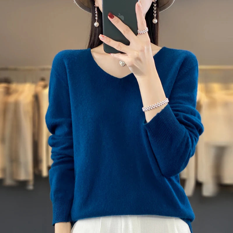 100% pure wool cashmere sweater women's V-neck pullover casual knit top autumn and winter women's coat Korean fashion