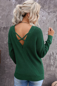 Green Cross Back Hollow-out Sweater