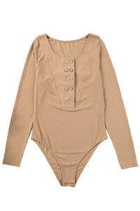 Khaki Double Breasted Half Buttoned Long Sleeve Bodysuit