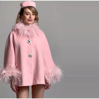 Elegant Feather Collar Cape Coats For Women Casual Solid Single Breasted Jackets Lady Autumn Chic Loose High Street Outwear Tops