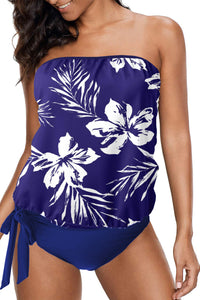 Retro Floral Leopard Pattern Strapless Tankini Set