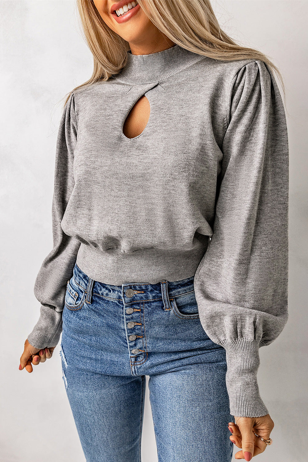 Gray Mock Neck Keyhole Sweater