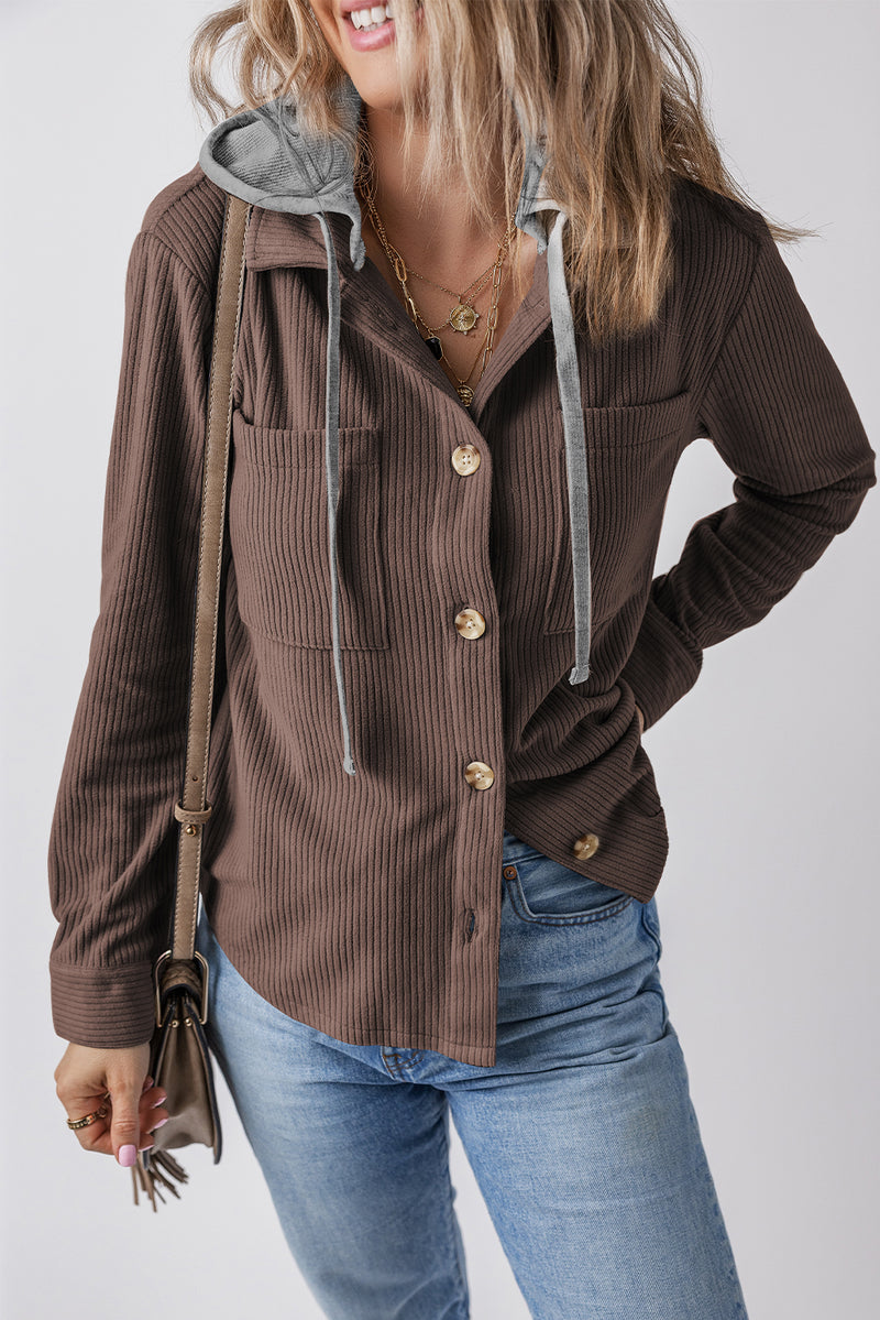 Coffee Hooded Drawstring Pockets Corduroy Shacket