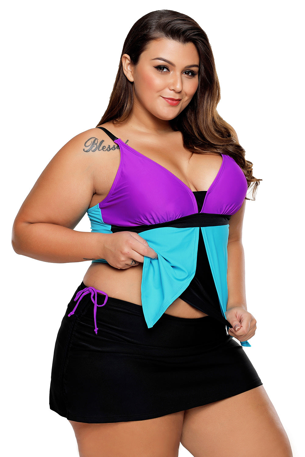 Purple Blue Colorblock Tankini Skort Bottom Swimsuit