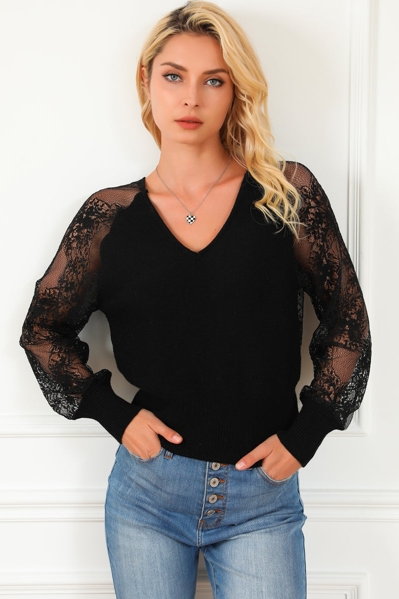 Black V-Neck Lace Sleeve Pullover Sweater