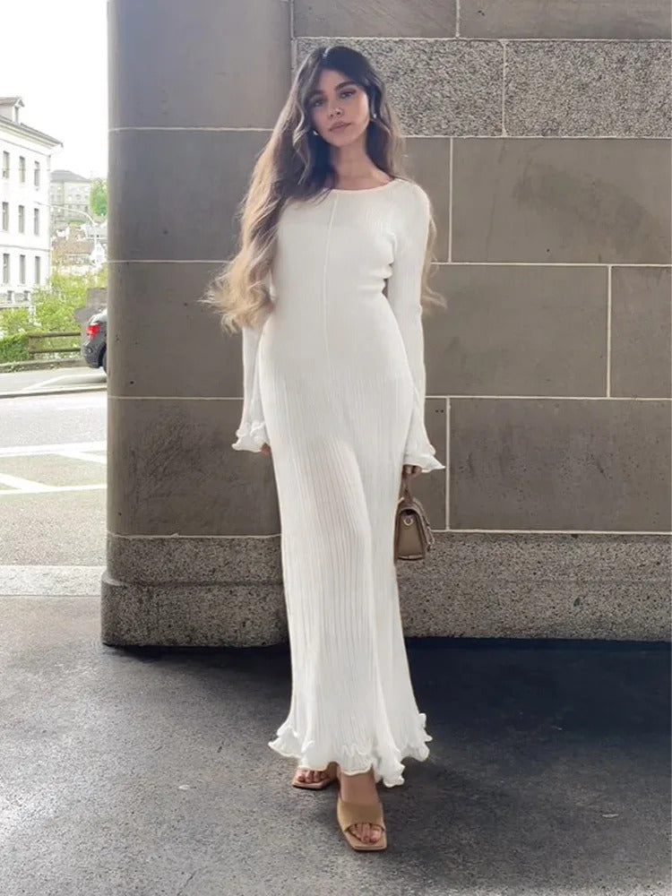 Elegant Solid Ruffles Knitted Dress For Women Loose O Neck Long Trumpet Sleeve Maxi Dresses 2024 New Female White Knitwear