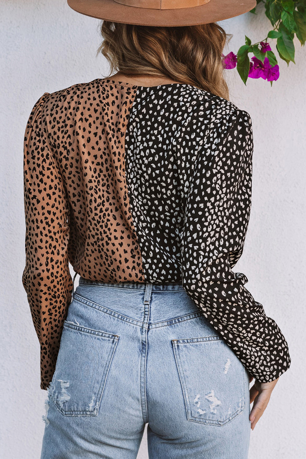 Spliced Leopard Print Wrap Long Sleeve Bodysuit