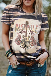 Blue Animal Stripe Bleached NASHVILLE Guitar Graphic Tee