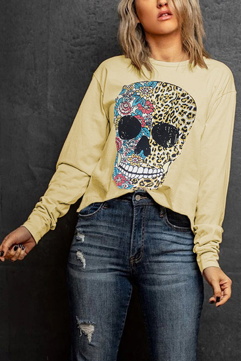 Antique Leopard Flower Skull Halloween Graphic Top