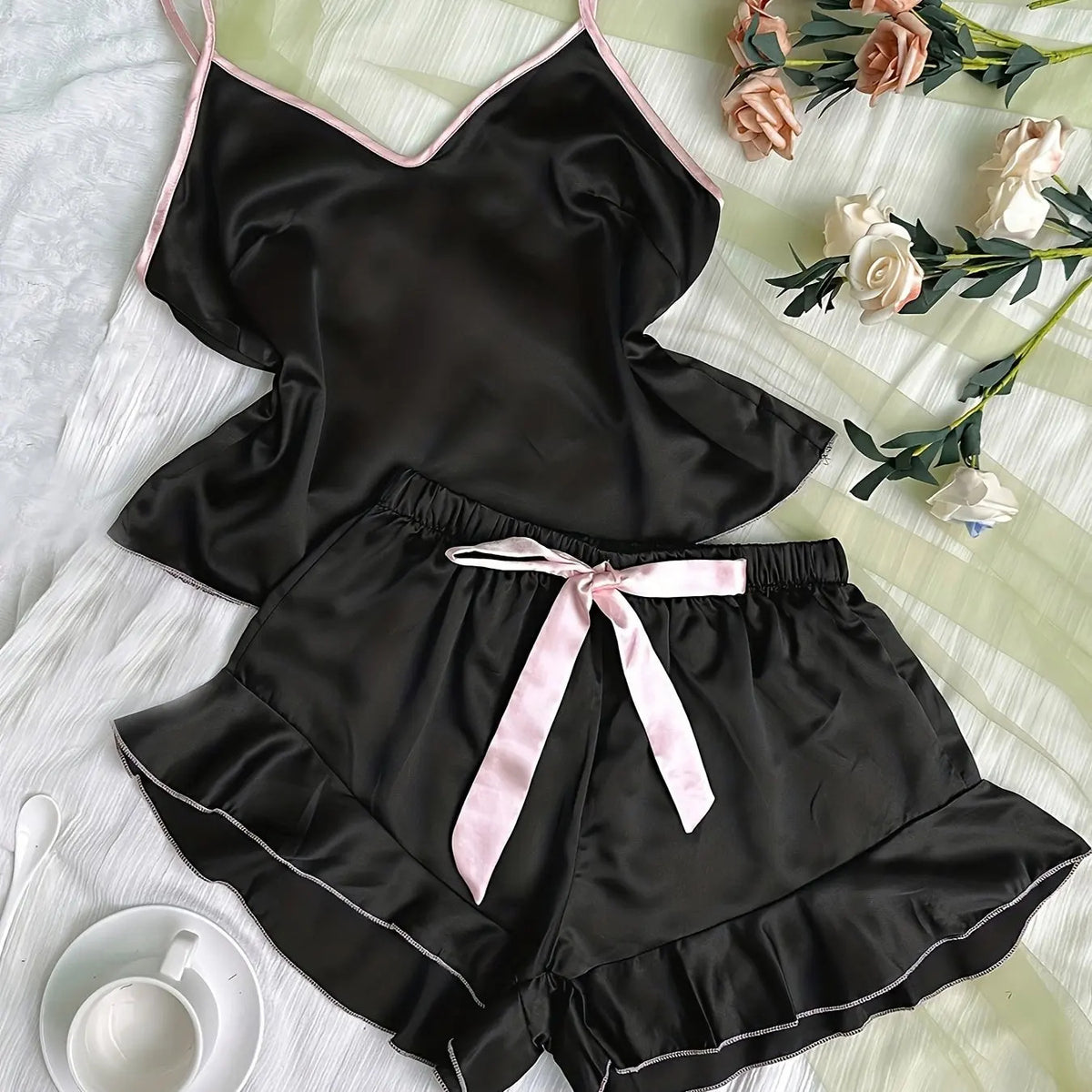 Women's Smooth Satin Pajamas V-Neck T-Shirt Ruffled Edges And Bow Shorts Simple And Breathable Pajama Set Sling Home Clothing