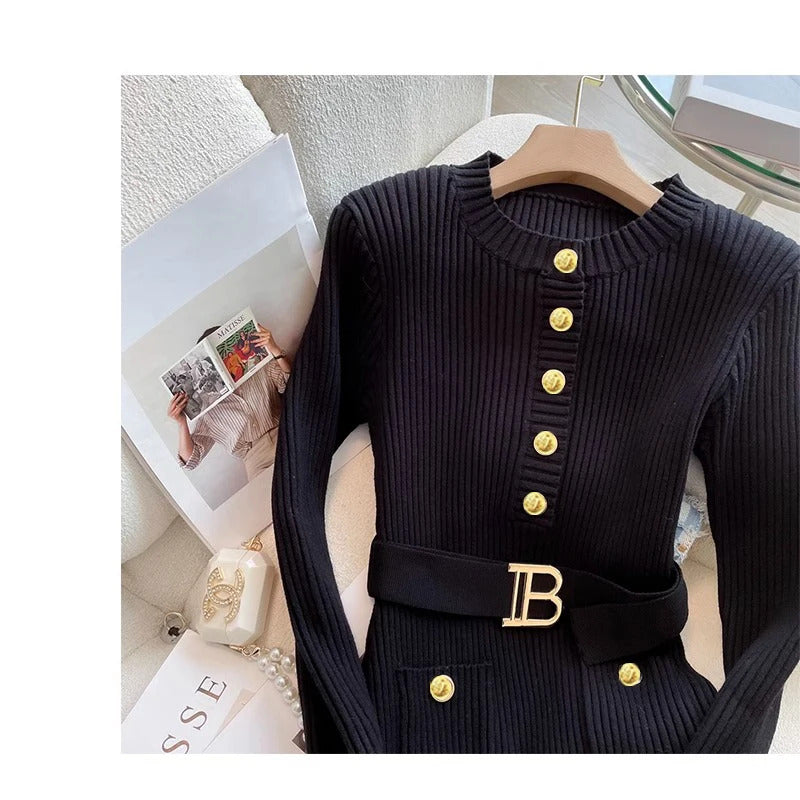 YuooMuoo 2024 Autumn Winter Women Knitted Dress Brand Fashion O-neck Buttons Bodycon Sweater Dress with Belt Lady Office Dress