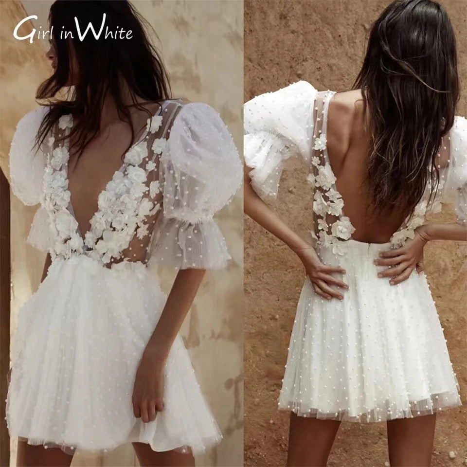 Customized Short Wedding Dress Plunging V-Neck Half Sleeves Pearls Flowers Mini Bride Dresses Sexy Backless Formal Wedding Gown