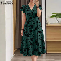 ZANZEA Ruffle Sleeve V Neck Party Sundress Casual Women 2024 Summer Cinch Waist A-line Vestidos Floral Print Fashion Midi Dress