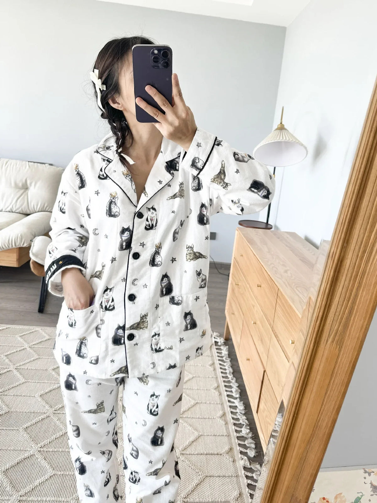 100% Cotton Pajamas for Women Loose Cartoon Long Sleeve Pants Loungewear Women 2 Piece Set Pj Women Outfit Sleepwear Set Pijamas