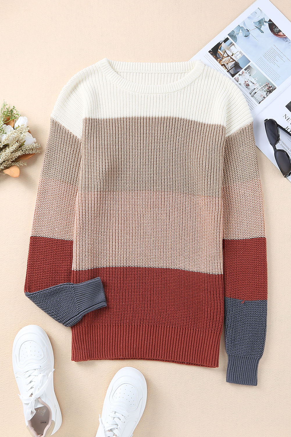 Chestnut Color Block Knitted O-neck Pullover Sweater